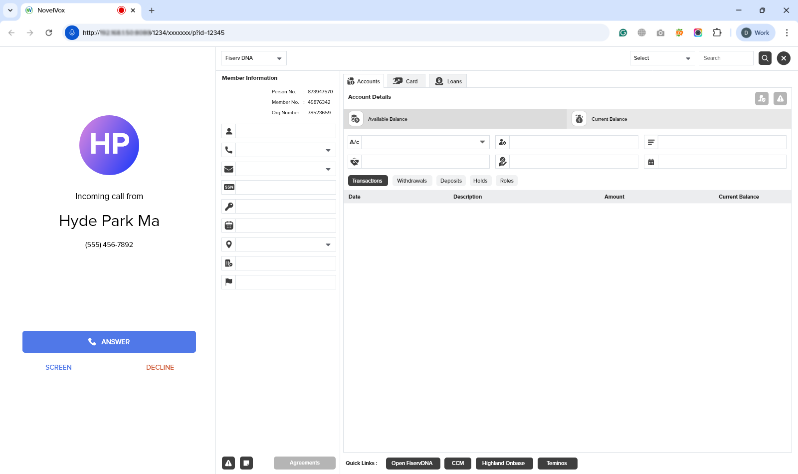 Screenshot of the integrated NovelVox Agent Accelerator interface showing an incoming call notification on the left Dialpad panel with a blue Answer button, alongside member account details on the right.