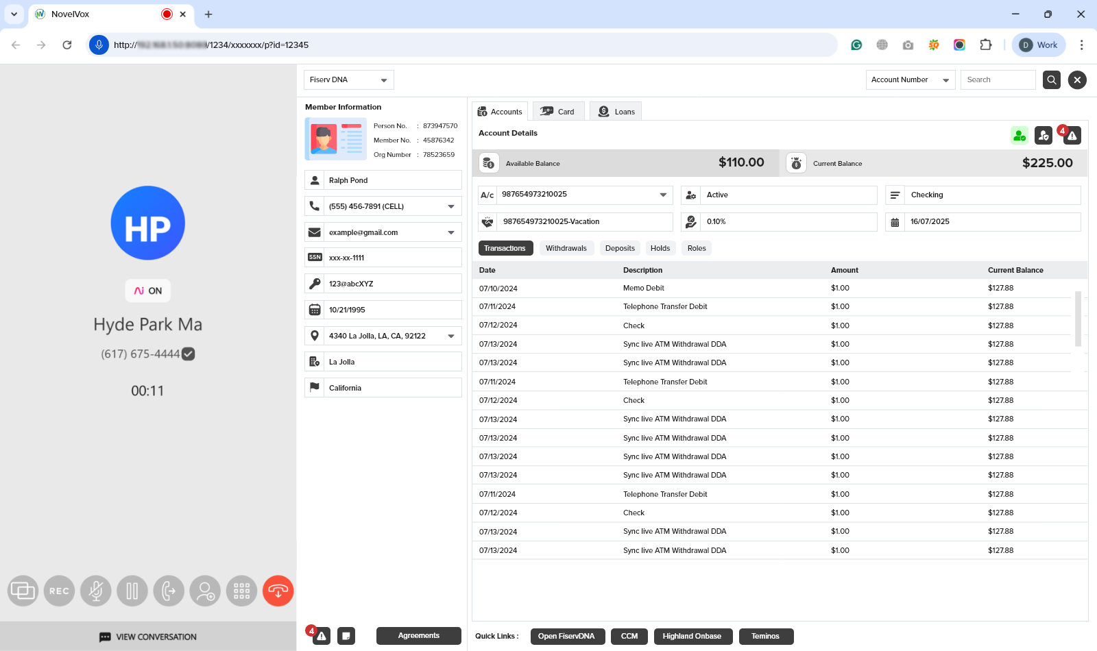 Screenshot of an active call interface showing Dialpad call controls and caller details on the left side, with populated member account and transaction information in the NovelVox Agent Accelerator panel on the right.