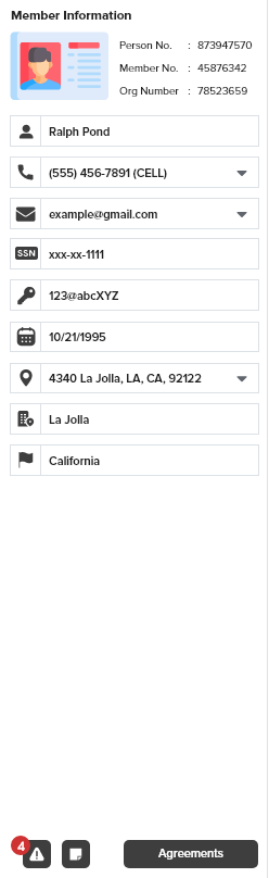 Screenshot of the Member Information sidebar in NovelVox Agent Accelerator, displaying fields for member ID numbers, name, phone number, email address, masked SSN, date of birth, and location details.