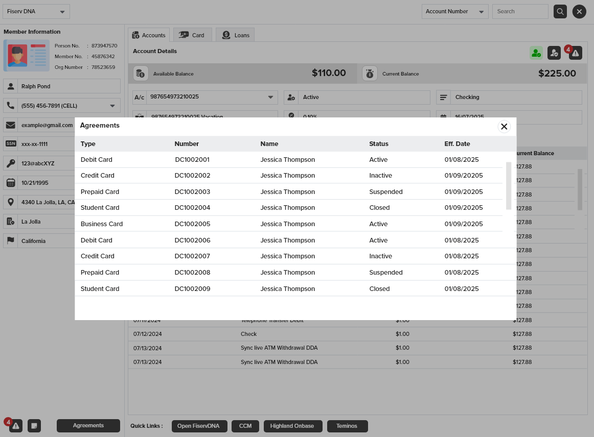 Screenshot of the Agreements pop-up window in NovelVox Agent Accelerator displaying a structured list of member agreements, including card types, agreement numbers, statuses, and effective dates.