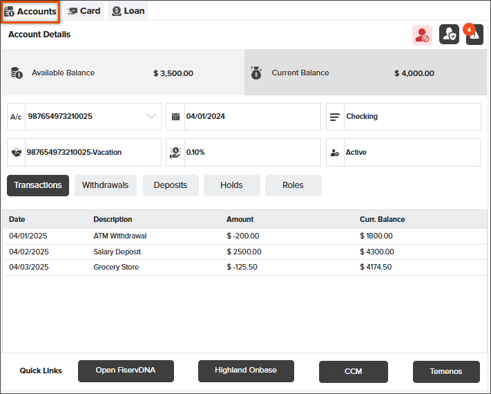 Screenshot of the Accounts tab in NovelVox Agent Accelerator, showing highlighted account details such as balances, account numbers, interest rate, and status alongside a transaction history table.