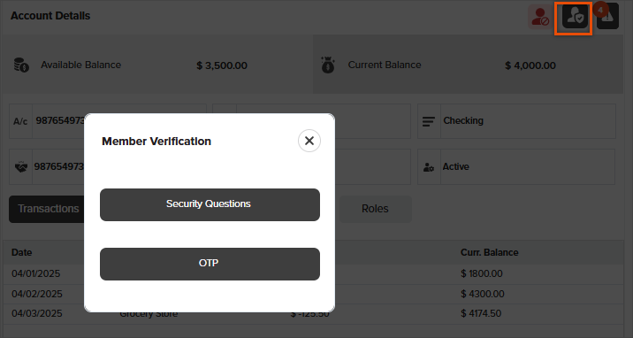 Screenshot of the Member Verification pop-up window in NovelVox Agent Accelerator, displaying options for Security Questions and OTP authentication, accessed via the highlighted user verification icon in the top right.