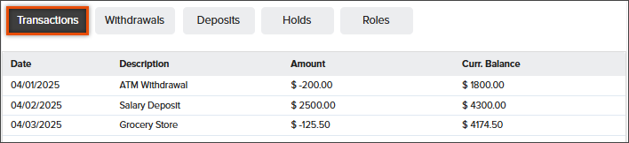 Screenshot of the Transactions tab in NovelVox Agent Accelerator displaying a highlighted tab above a historical log of financial transactions with columns for date, description, amount, and current balance.