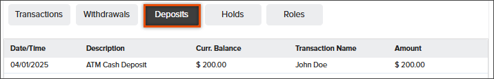 Screenshot of the Deposits tab in NovelVox Agent Accelerator displaying a highlighted tab above a log of account deposits with columns for date/time, description, current balance, transaction name, and deposit amount.