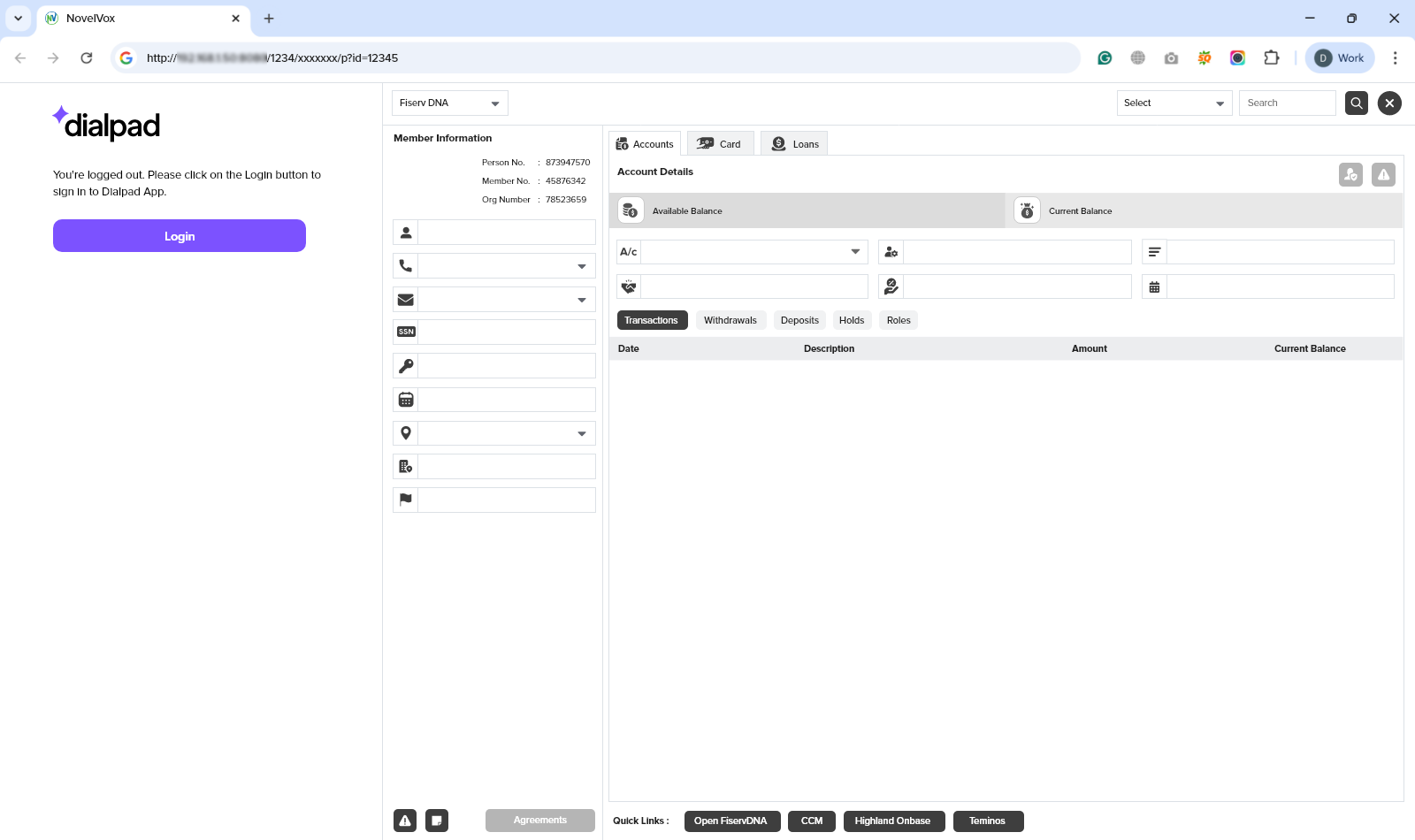 Screenshot of the NovelVox Agent Accelerator interface, showing a purple Login button on the left sidebar under the Dialpad branding alongside customer account details on the right.