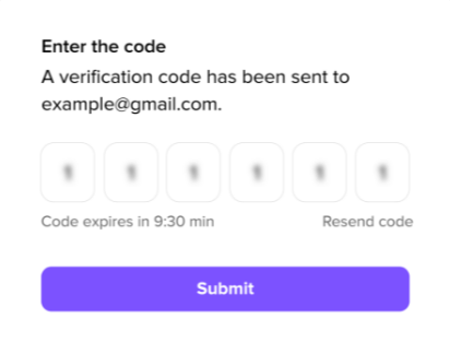 Screenshot of the multi-factor authentication verification screen, featuring a six-digit code entry box and a purple Submit button.