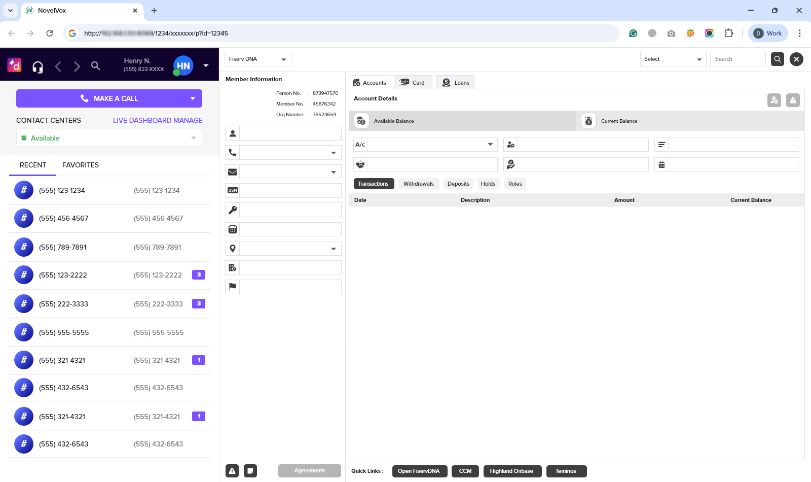 Screenshot of the split-screen interface featuring Dialpad's telephony control panel on the left and the integrated NovelVox Agent Accelerator widget displaying member account details on the right.