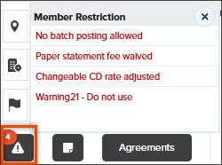 Screenshot of the Member Restriction pop-up card in NovelVox Agent Accelerator listing account flags in red text, opened by selecting the highlighted warning icon at the bottom.