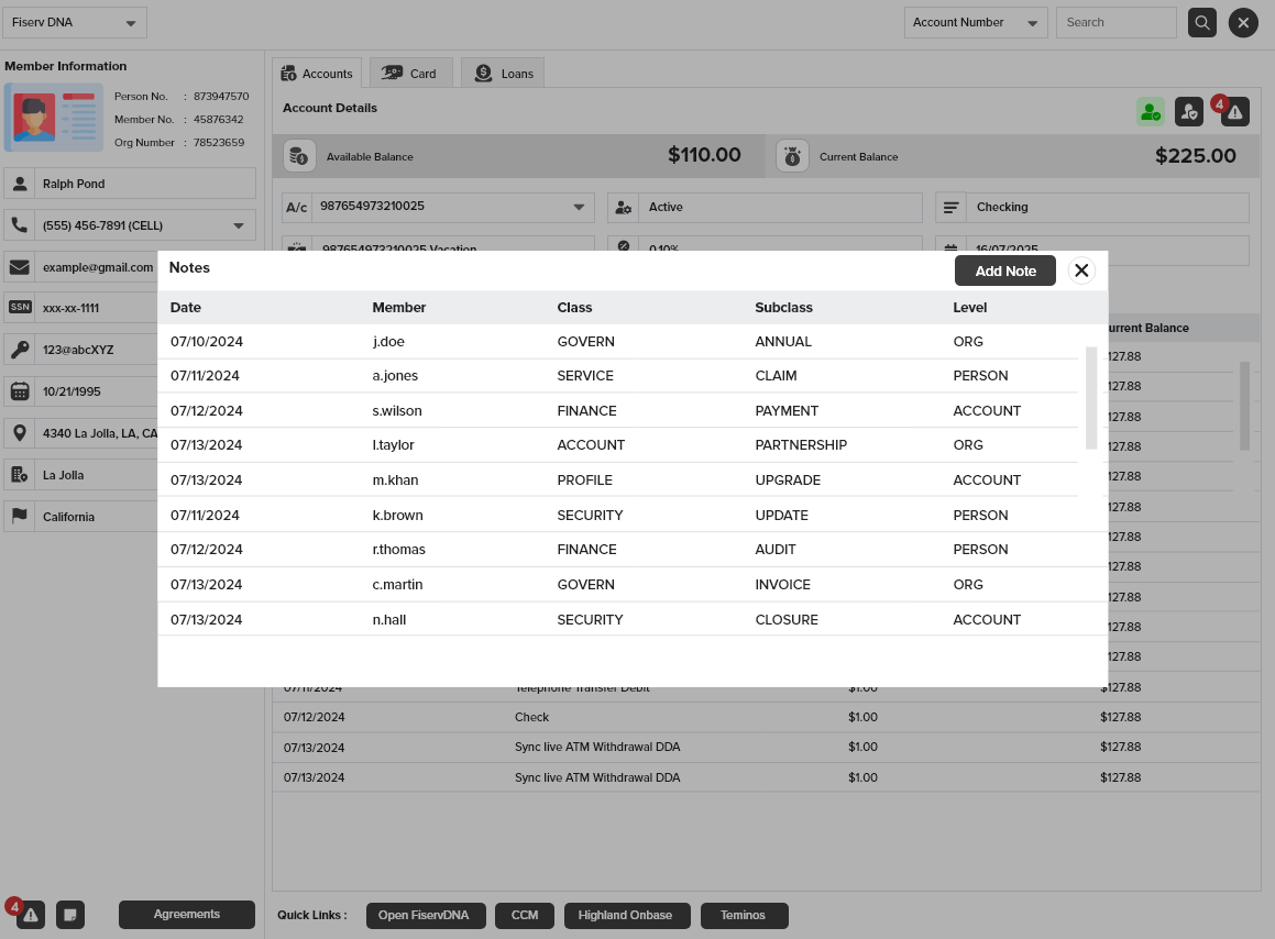 Screenshot of the Notes pop-up window in NovelVox Agent Accelerator displaying a tabular log of past interactions with dates, members, classes, subclasses, and levels, featuring an Add Note button in the top right corner.