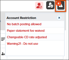 Screenshot of the Account Restriction pop-up card in NovelVox Agent Accelerator listing account-level flags in red text, accessed by selecting the highlighted warning icon in the top right header.