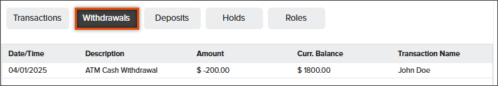 Screenshot of the Withdrawals tab in NovelVox Agent Accelerator displaying a highlighted tab above a record of account withdrawals with columns for date/time, description, withdrawal amount, current balance, and transaction name.