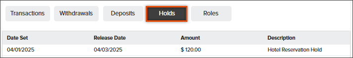 Screenshot of the Holds tab in NovelVox Agent Accelerator displaying a highlighted tab above a log of account holds with columns for date set, release date, holding amount, and description.