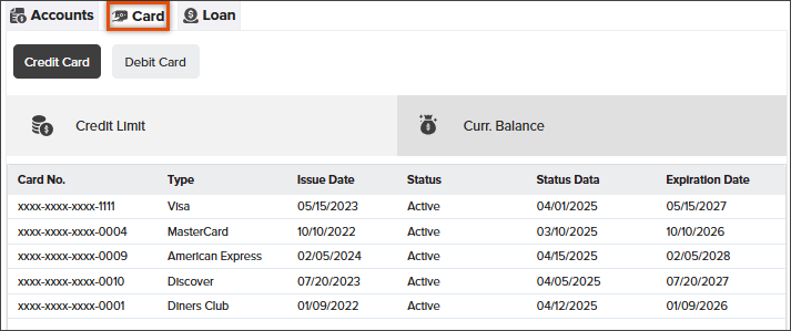 Screenshot of the Card tab in NovelVox Agent Accelerator, showing a highlighted tab above credit and debit card options and a detailed table listing masked card numbers, card types, issue dates, statuses, status dates, and expiration dates.