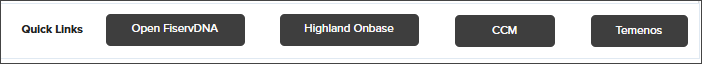 Screenshot of the Quick Links section in NovelVox Agent Accelerator, displaying four action buttons for external applications: Open FiservDNA, Highland Onbase, CCM, and Temenos.