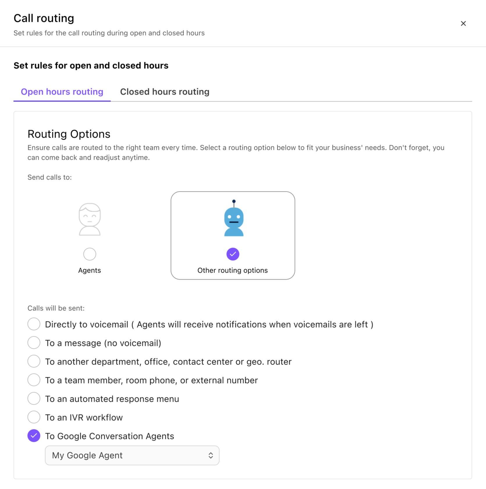 The Call Routing settings page, showing the option to route to a Google Conversational Agent as an alternative routing method.