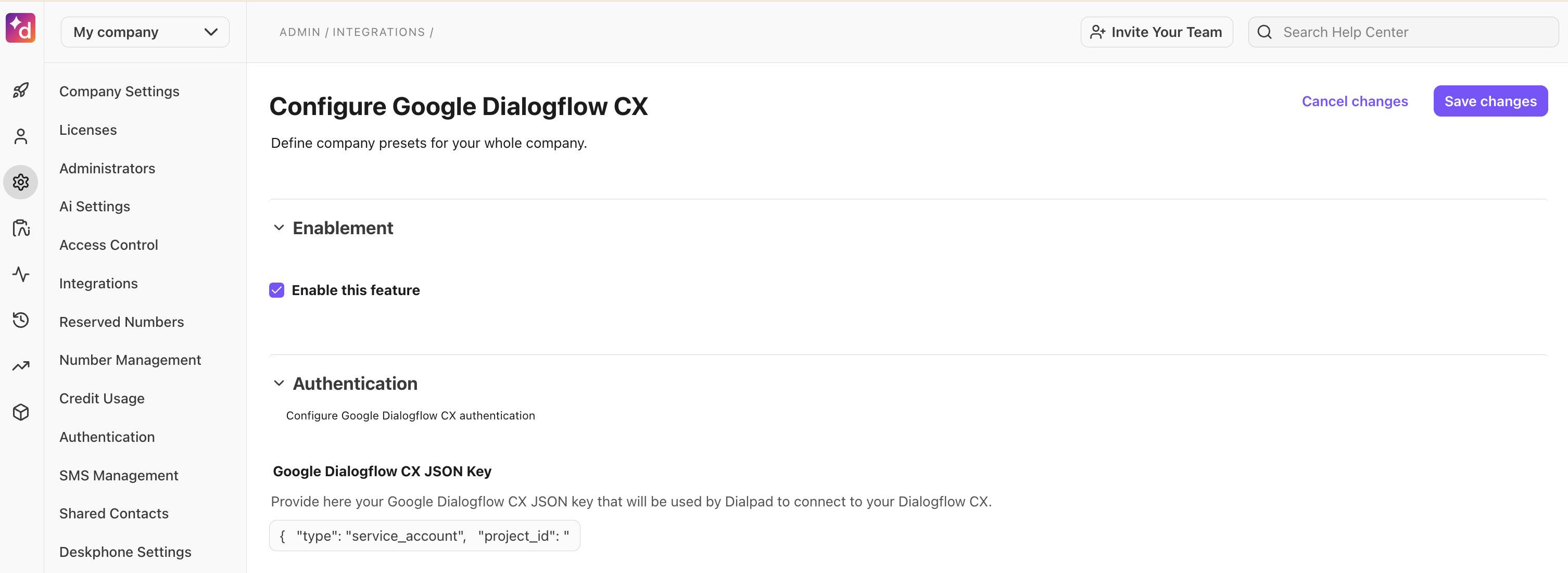 The company-level Admin Settings page shows the Google Dialogflow CX integrations options for enabling the integration.