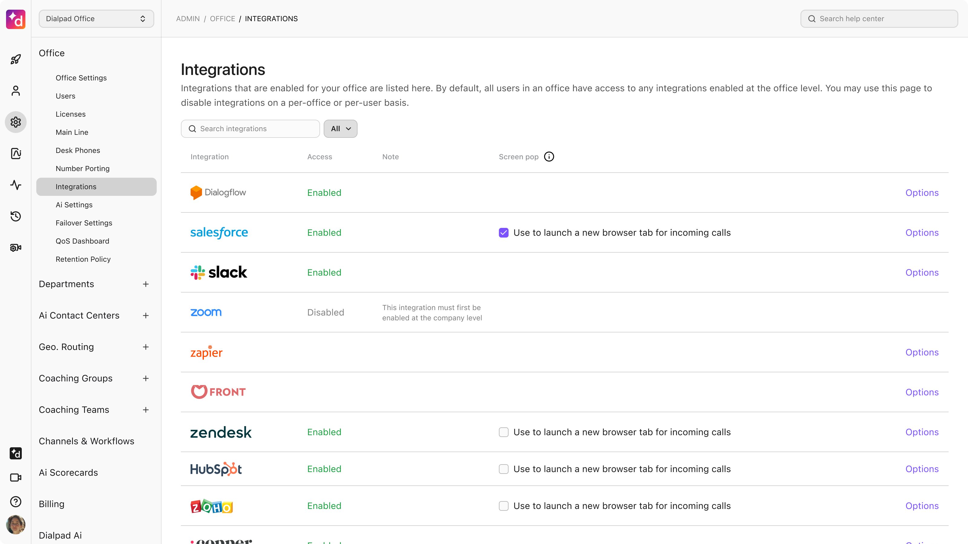 Company Settings page, showing the Dialogflow integration is enabled for the company.