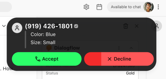 A chat view with an external contact. A call bubble is shown in the top-right corner for a call made from the Google Conversational Agent.