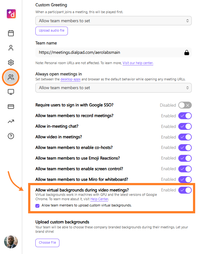 allow virtual background toggle