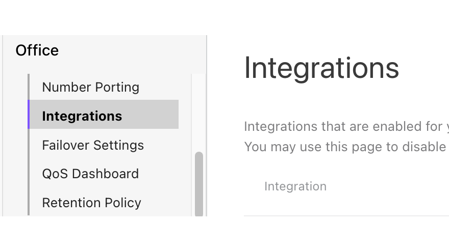 Screenshot of the Dialpad Admin Settings sidebar showing the "Office" section expanded with "Integrations" selected.