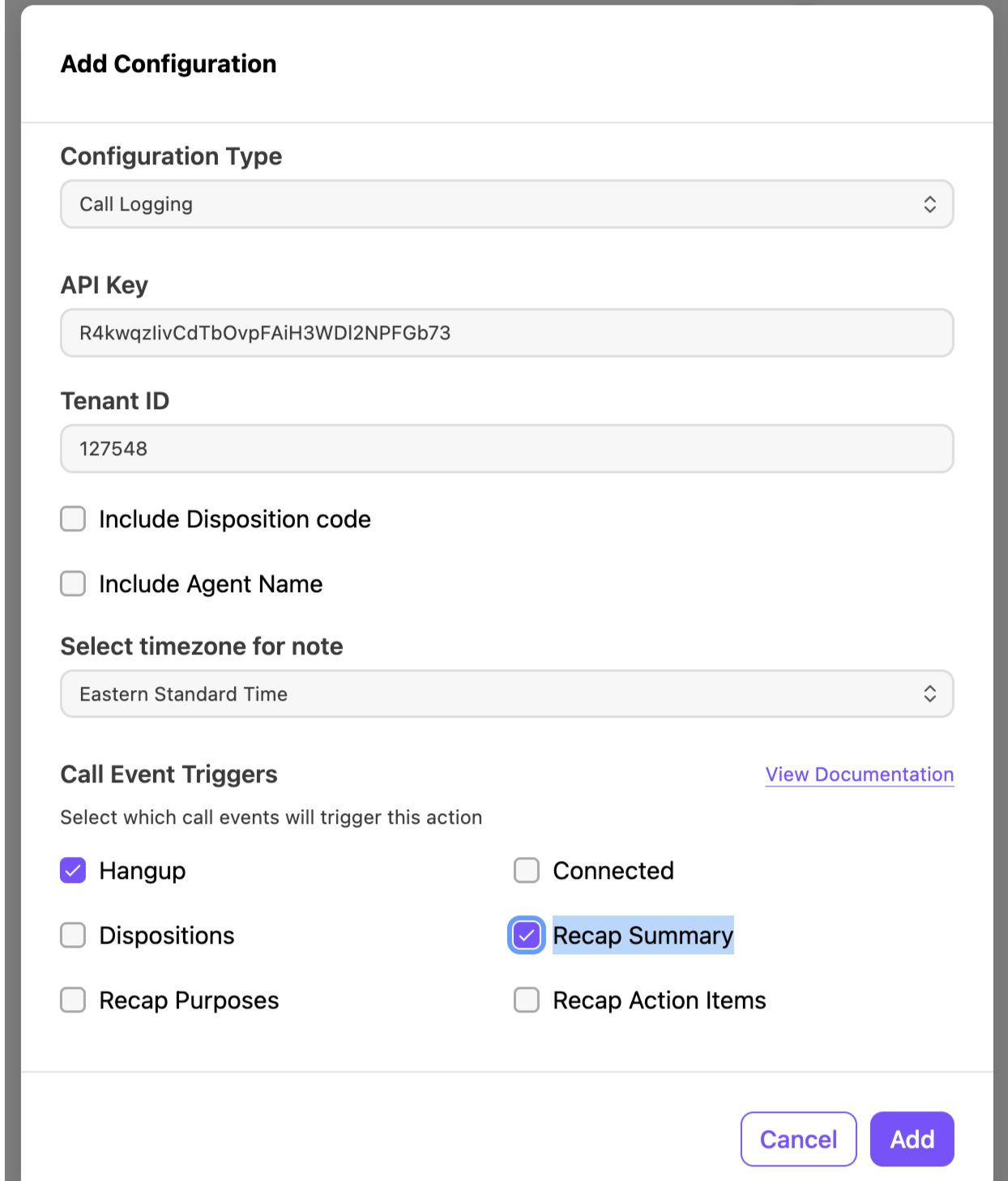 View a configuration window for call logging.
