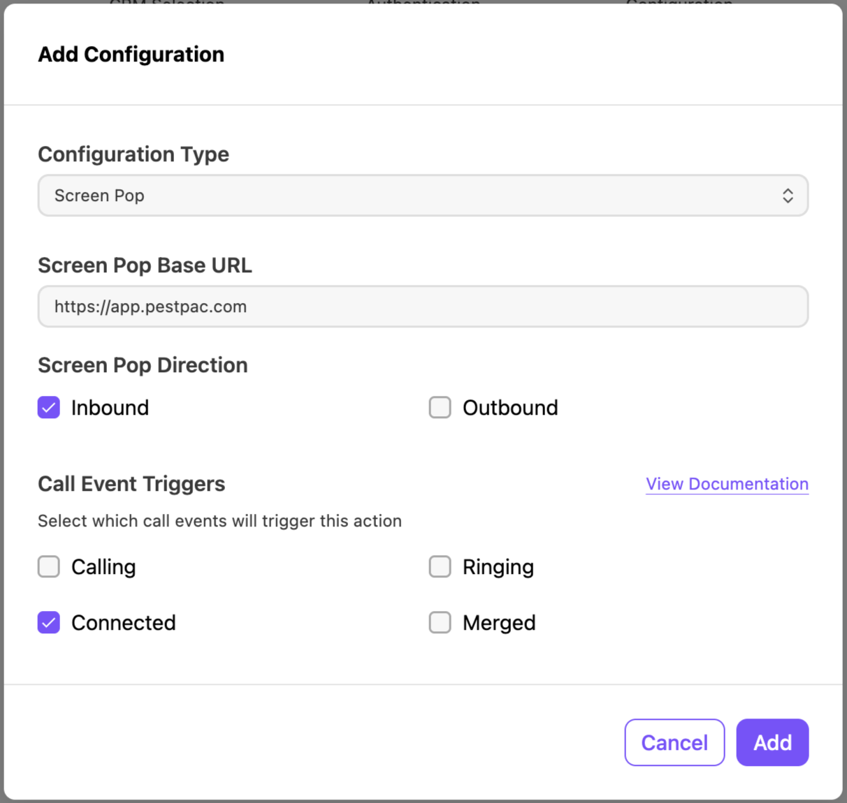 Setup screen for the screen pop configuration.