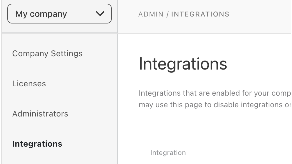 Screenshot of the Dialpad Admin Settings navigation menu, showing "My company" selected in the top drop-down menu with "Integrations" selected in the left-hand sidebar.