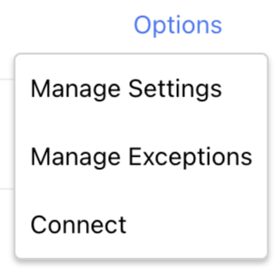 View of the integrations Options menu.