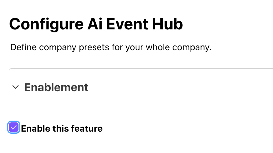 View of page to enable the Ai Event Hub integration.