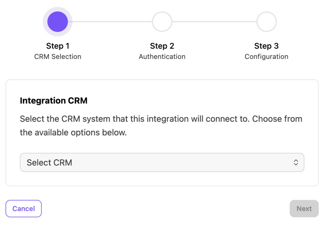View of a window to select the desired CRM for the integration.