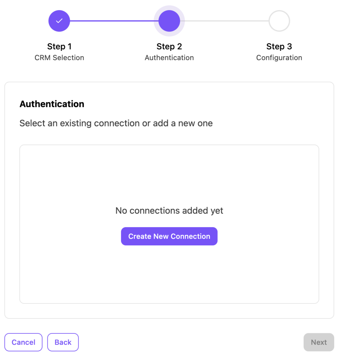 View of the integration setup window to create a new connection.