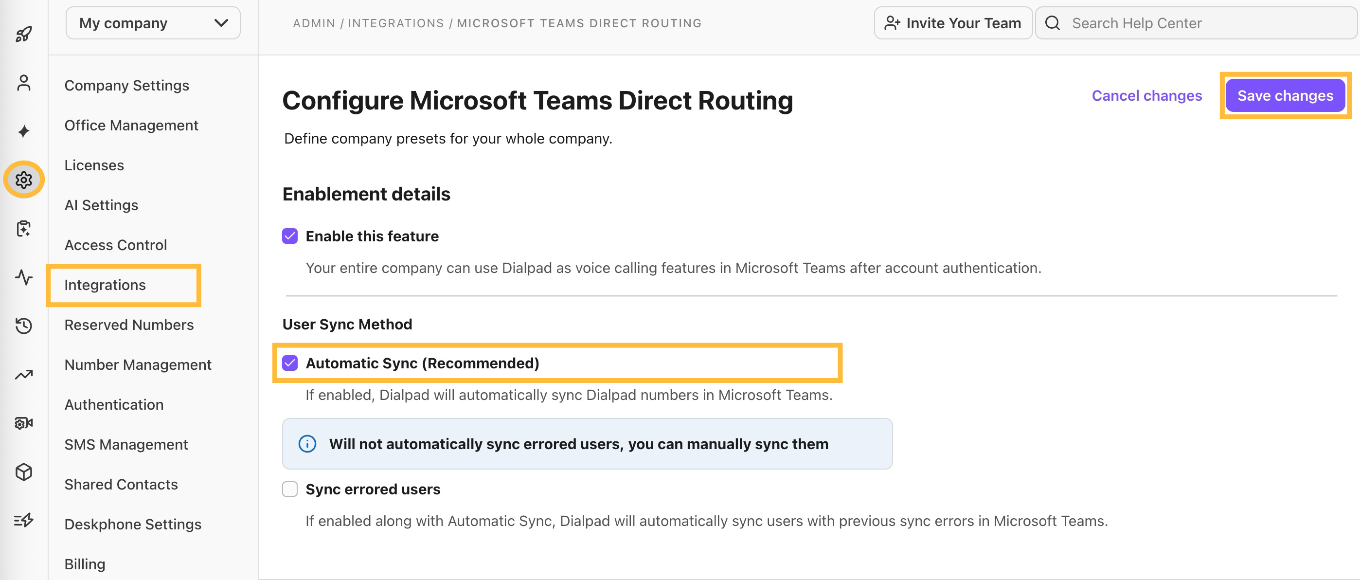 Settings for Microsoft Teams Direct Routing, including user sync options and feature enablement.