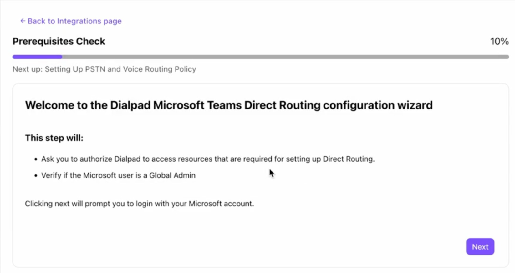 Configuration wizard for Microsoft Teams Direct Routing with prerequisites and next steps outlined.