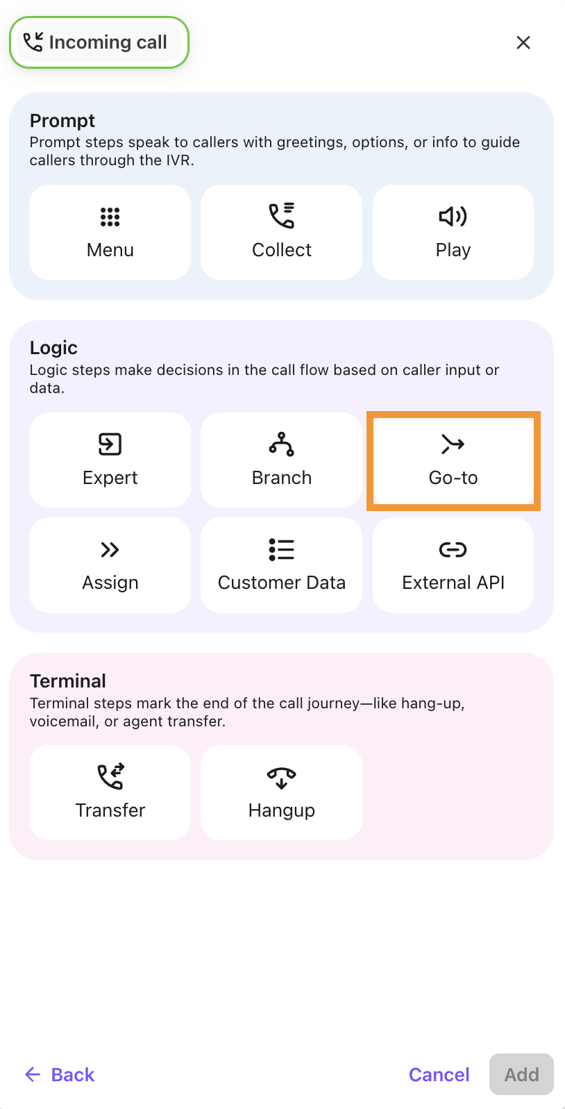 A view of options to choose when adding a step to a blank workflow.