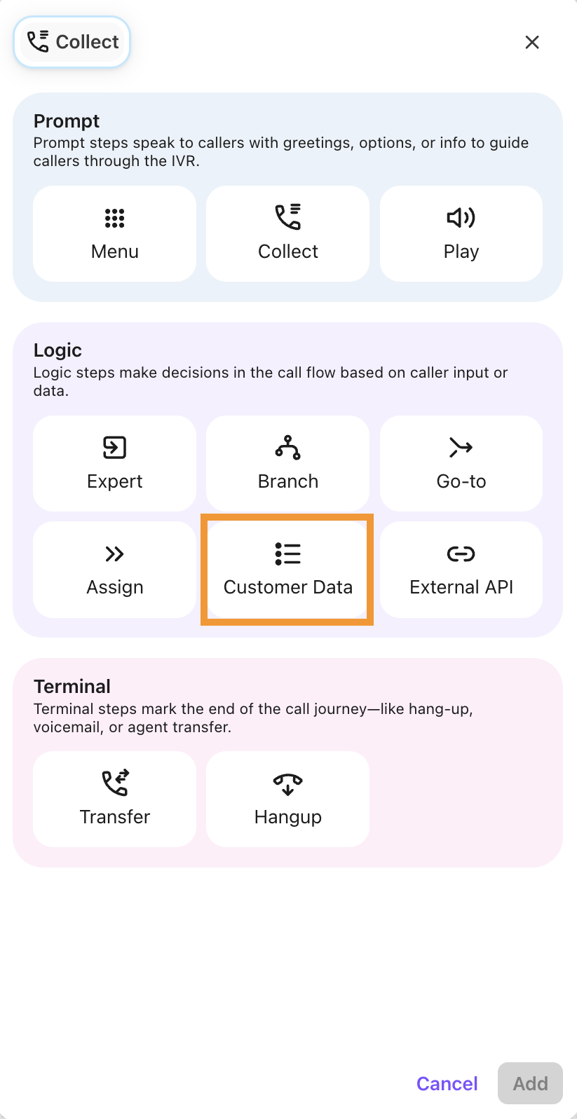 A view of options to choose when adding a step to a blank workflow.