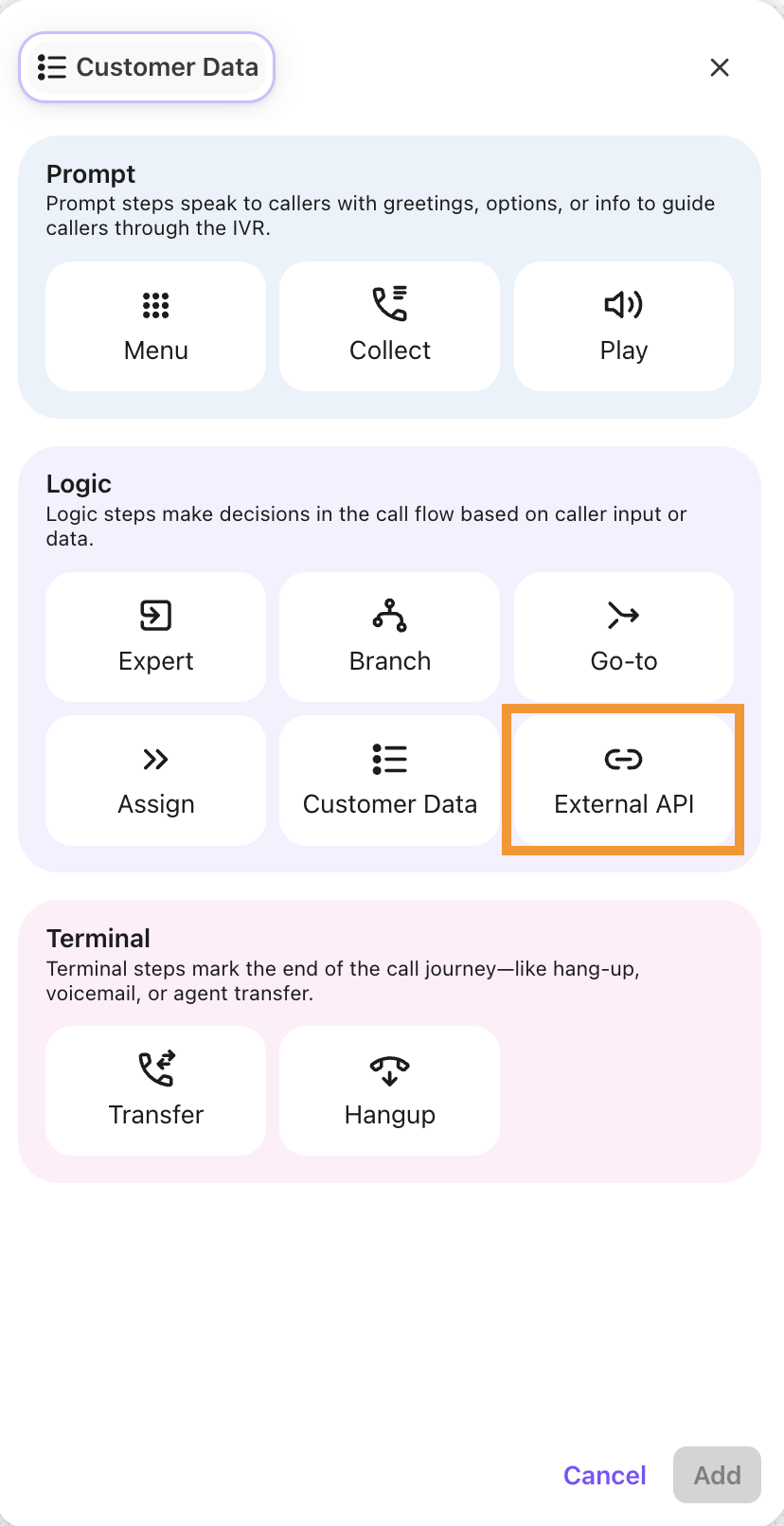 A view of options to choose when adding a step to a blank workflow.