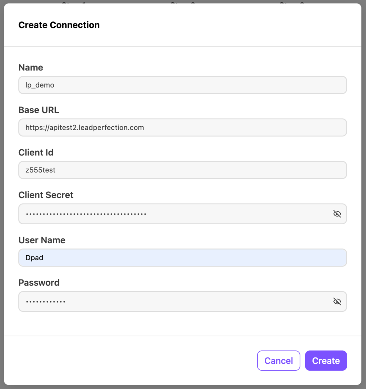 View of the create connection window.