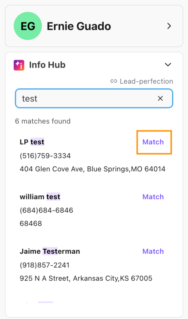 Multiple contact matches for a contact in the Info Hub widget in Dialpad.