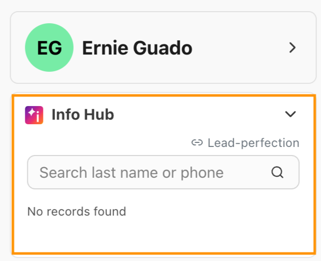 Screenshot of the Info Hub sidebar in Dialpad showing a LeadPerfection prospect search field for querying last name or phone number, highlighted with an orange border.