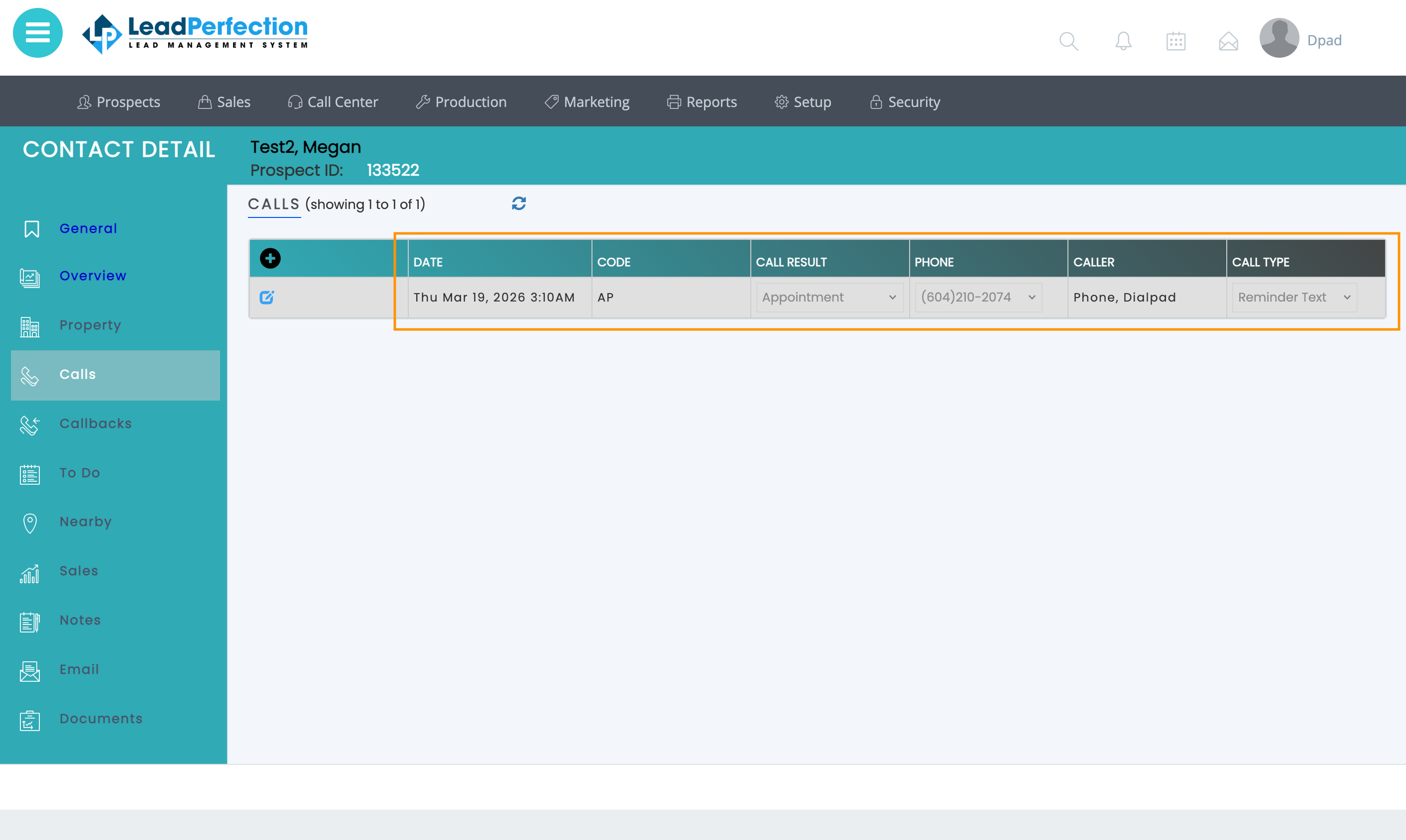 View of the call history in LeadPerfection.