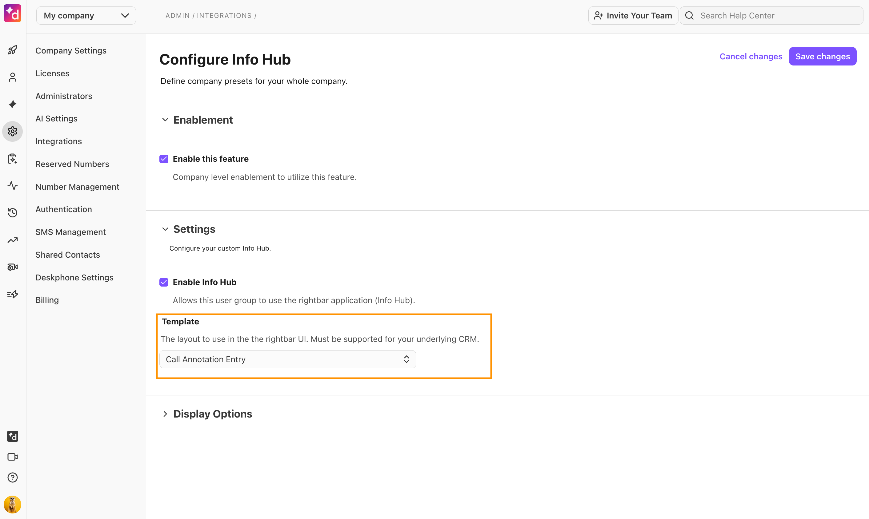 Info Hub settings page with various options. The template option is highlighted.