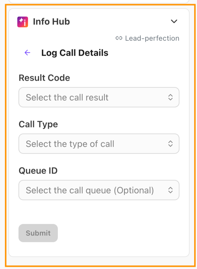 Fields to fill in for the LeadPerfection contact during a call.