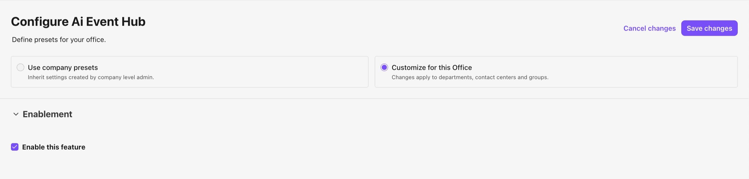 View of the AI Event Hub configuration page.