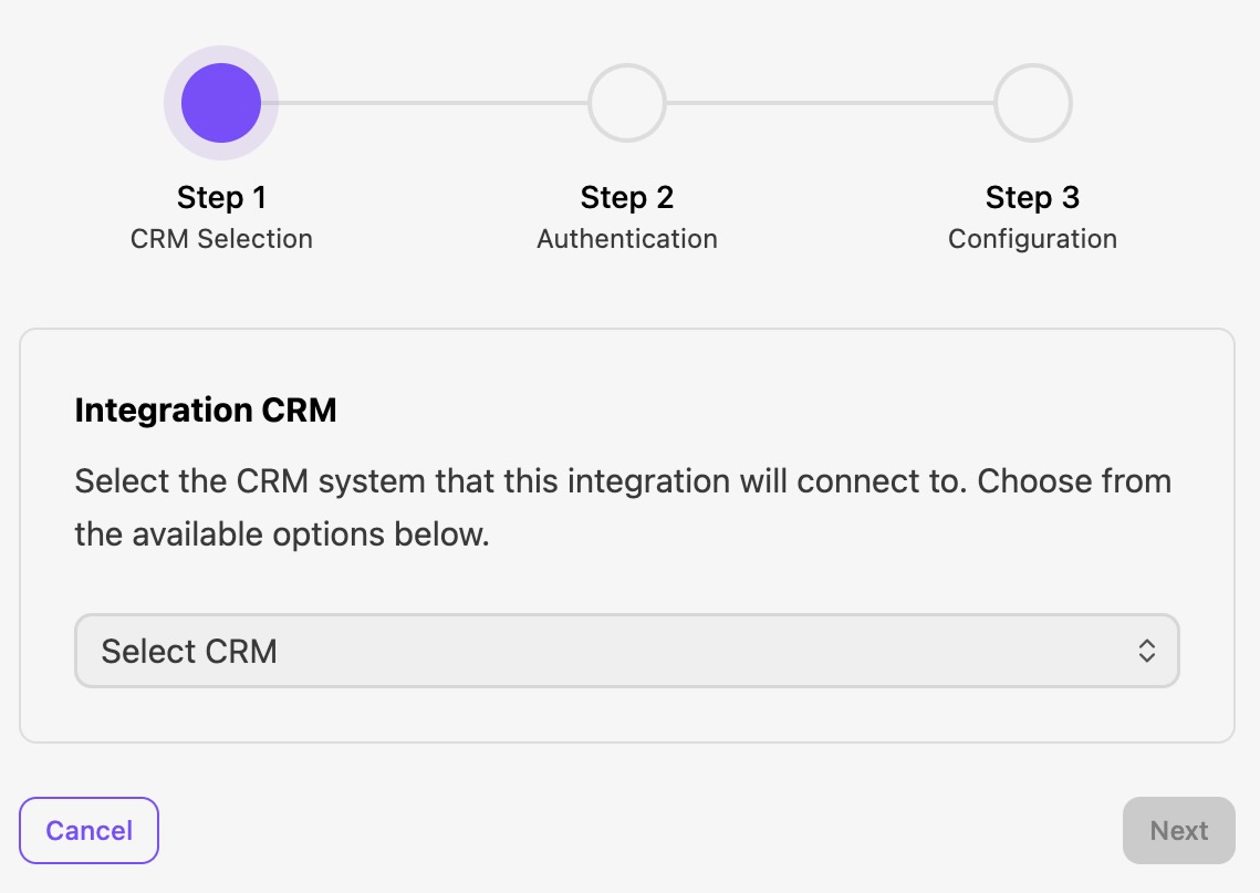 View of the integration setup window, with the option to choose Lineleader as the CRM option.