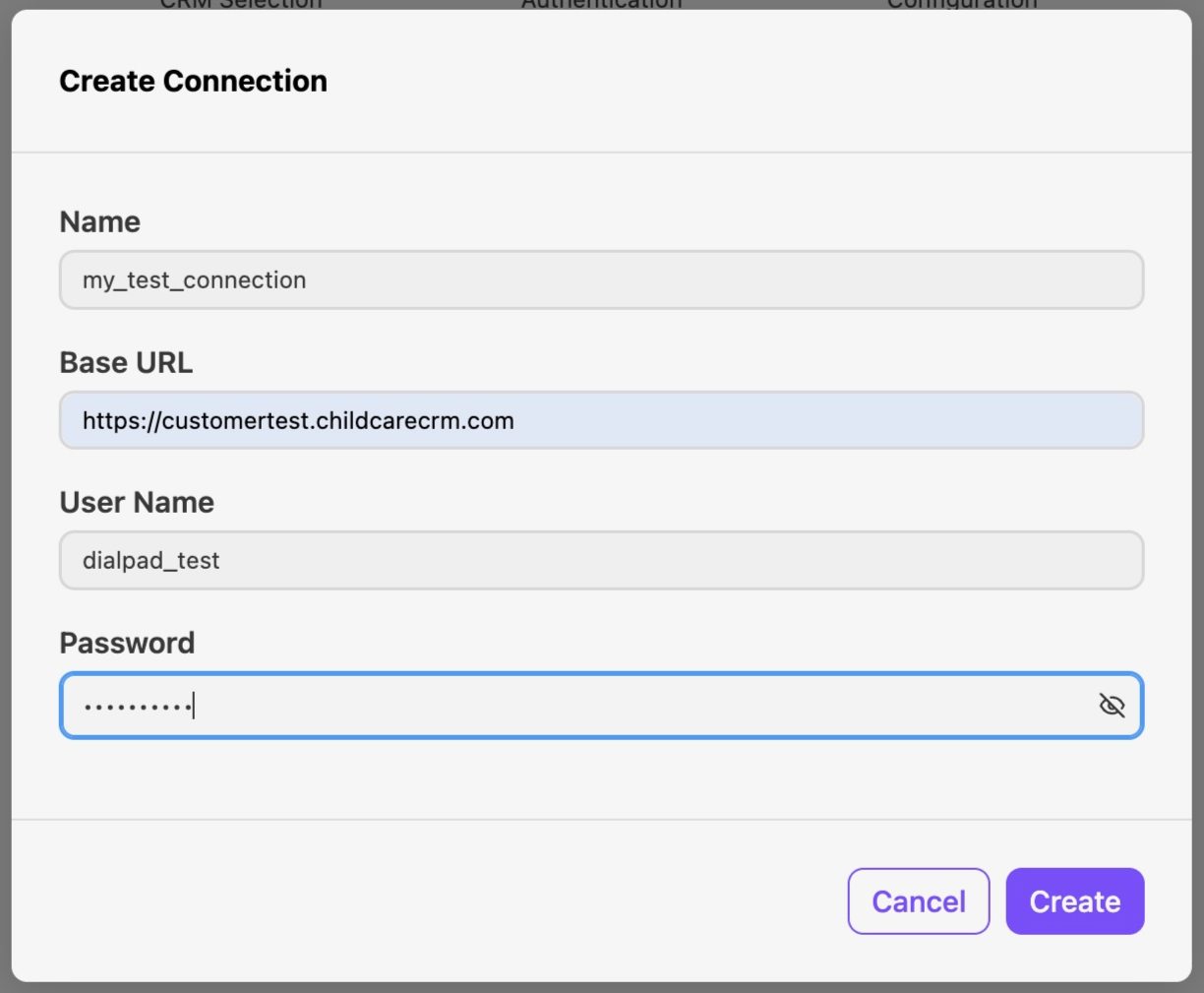 View of the Create Connection window for an integration.