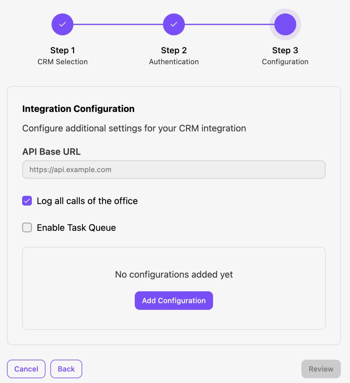 View of the integration setup window, with the option to add a configuration to the integration.