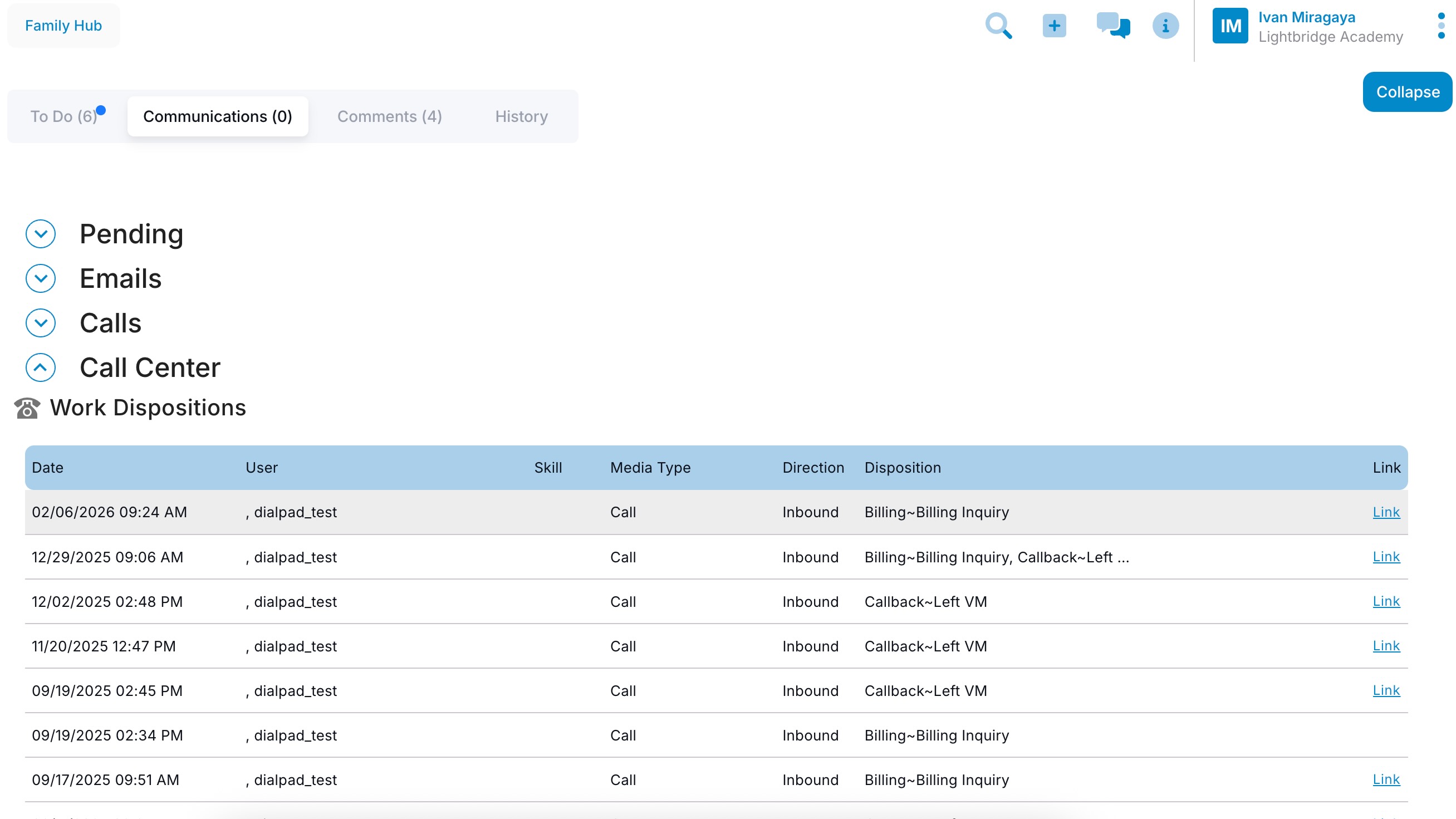 View of of the Line leader call log page.