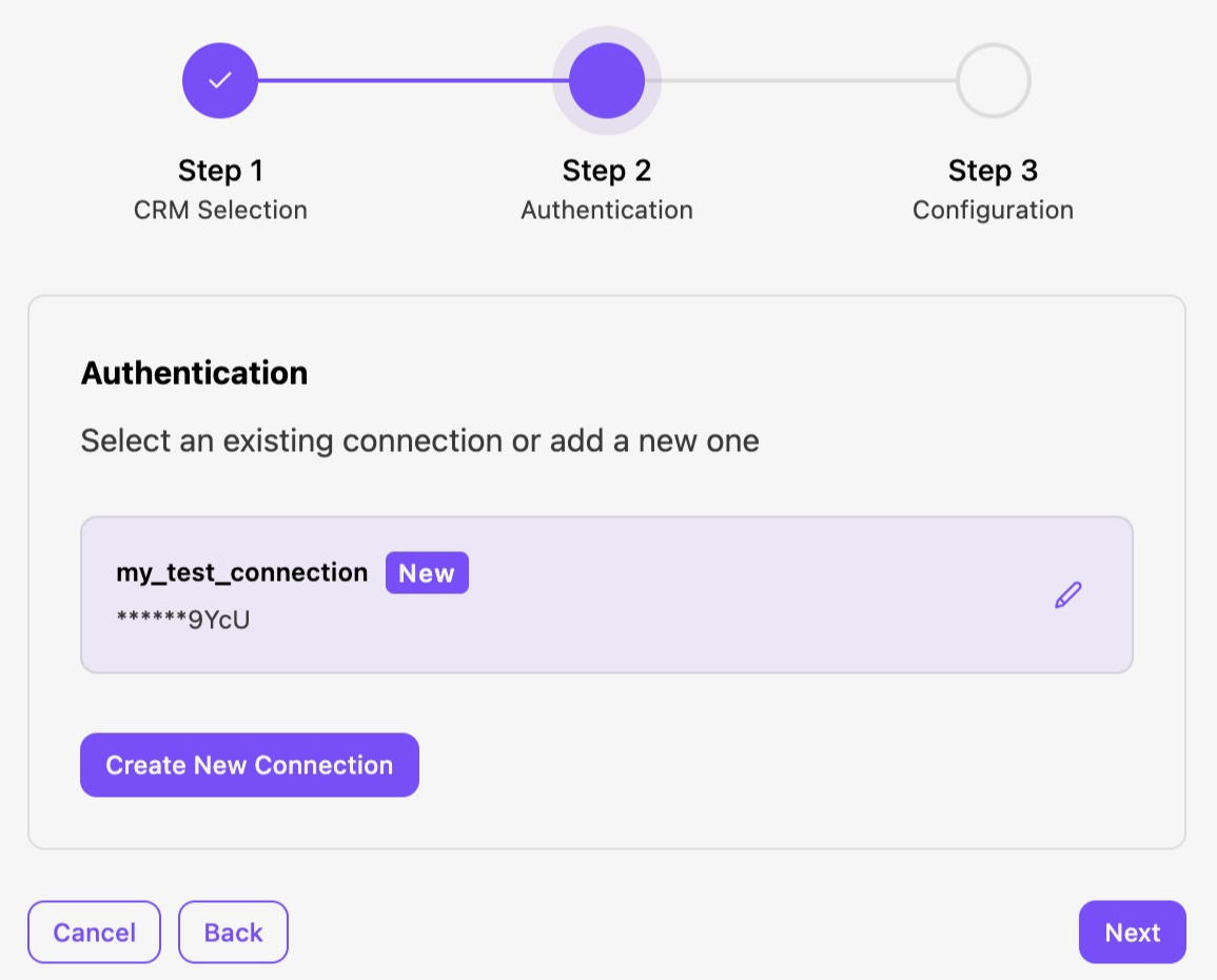 View of the integration setup window, with an option to create a new connection or select an existing one.