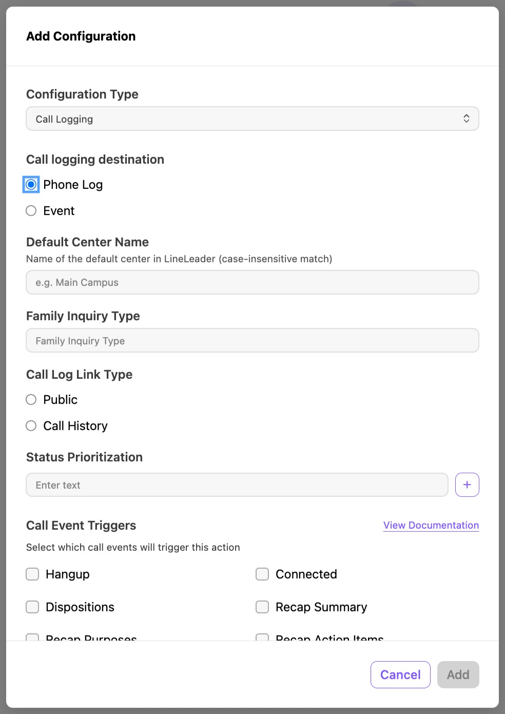 The Call Logging Mode configuration window with various fields to set up this configuration.