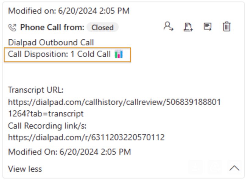 Screenshot of a Phone Call activity log in Microsoft Dynamics, displaying call details including a highlighted "Call Disposition: 1 Cold Call" entry, transcript URL, and call recording link.